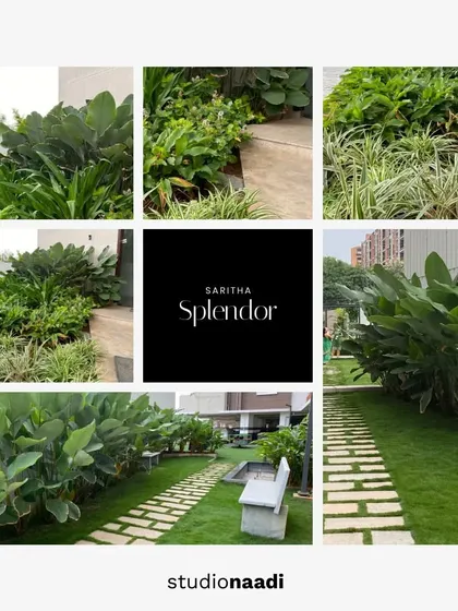 A collage showcasing various landscape elements at Saritha Splendor. The images highlight the use of stone pathways on grass, lush tropical plants, and integrated stone benches to create a network of pleasant garden spaces.