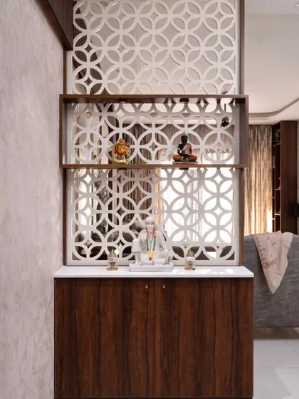 The finished foyer, bringing the render to life. The CNC partition provides a beautiful semi-private screen for the living area.
