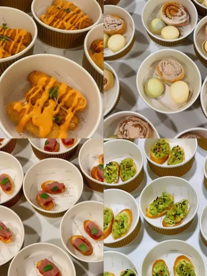 This collage shows the variety of appetizers I prepare for catering events. You can see different small bites like bruschetta, mini quiches, and breaded fish fingers, all portioned perfectly in individual bowls for easy serving.