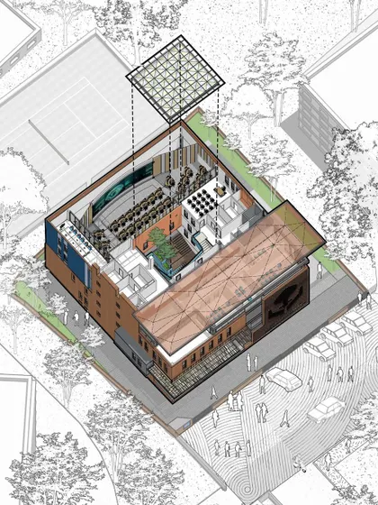 An exploded axonometric diagram of the Nirbhaya Centre, revealing the layout of the command center, counseling spaces, and the central courtyard.