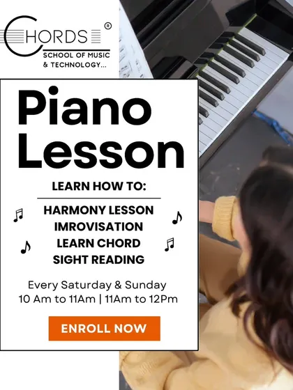Ready to learn piano? This graphic details what our lessons cover, including harmony, improvisation, and sight-reading. Weekend classes are available for all ages.