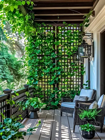 I used a wooden lattice with climbing vines to create a beautiful green privacy screen for this balcony. The comfortable wicker chairs make it a perfect spot for a morning cup of tea.