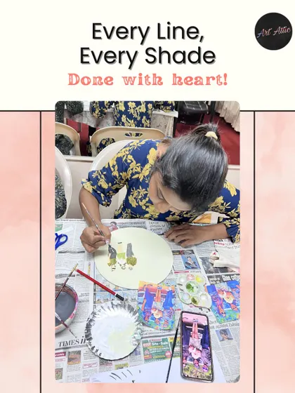 Every line, every shade, done with heart. A participant is fully immersed in her plate painting, a perfect example of the mindful creativity we foster.