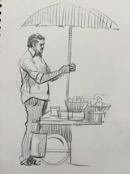 A sketch of a street vendor with his cart, an example from my figure drawing practice session batch.