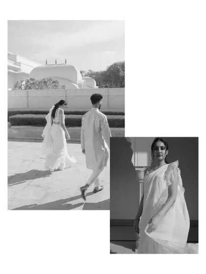 A black and white collage of Sandy and Darsh, capturing their movement and elegance in a series of beautifully composed shots.