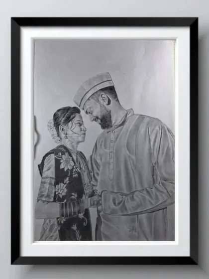 Here is a finished couple portrait, framed and ready to be displayed. I can turn your favorite photo into a beautiful piece of hand-drawn art that becomes a centerpiece in your home, celebrating your special bond.