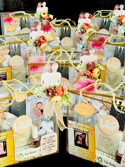 Here's a look at a bulk order of my bridesmaid proposal hampers, all ready for a bride and her crew. Each box is consistently beautiful yet personalized for every member of the "I Do Crew."
