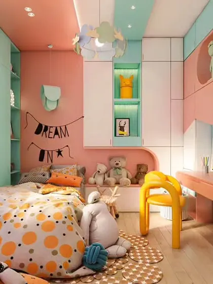 A full view of the whimsical pastel kids' room. The playful furniture, cloud-shaped light fixture, and 'Dream On' wall decor come together to create a truly magical environment.