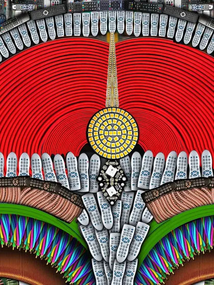 I show the upper face and forehead motif in this Sanketana graphic study, with remote-control shapes radiating around the design.