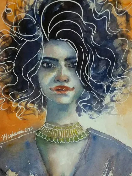 A mixed-media piece where I focused on the hair, using white ink lines over dark watercolor to create a graphic, stylized effect. The contrast between the detailed hair and the soft face is what makes this piece unique.