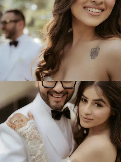 A collage capturing the sweet, candid moments from Shivansh and Varsha's elegant white wedding in Udaipur.