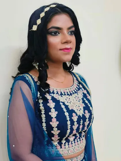 A full view of the engagement look, highlighting the simple hair accessory and the overall soft, romantic feel.