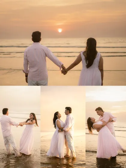 This photo series captures the full story of a sunset beach shoot. It moves from the couple watching the sun go down to playful twirls and romantic dips, showing a range of emotions and interactions.