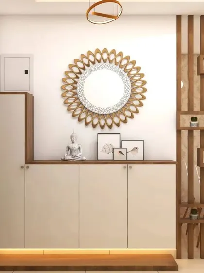 This foyer unit combines a shoe cabinet with a decorative partition featuring open display shelves. The under-cabinet lighting adds a warm glow, highlighting the floating design.