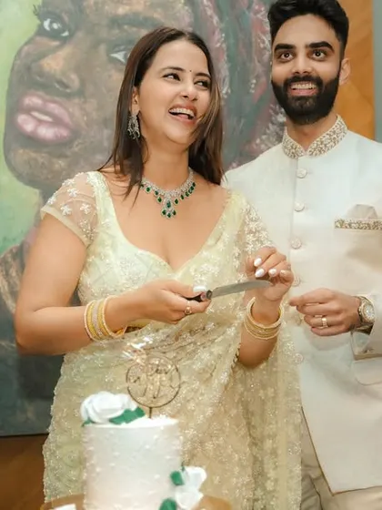 A happy, relaxed portrait of the couple during their engagement party. My goal is to document the joy of the day as it unfolds.