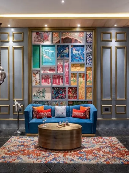 This bespoke interior story at Taj Devi Ratn, Jaipur, is woven with the very essence of our brand. The centerpiece is a custom fabric collage wall, turning remnants of our craft into a singular work of art, transforming the space into a soulful experience.