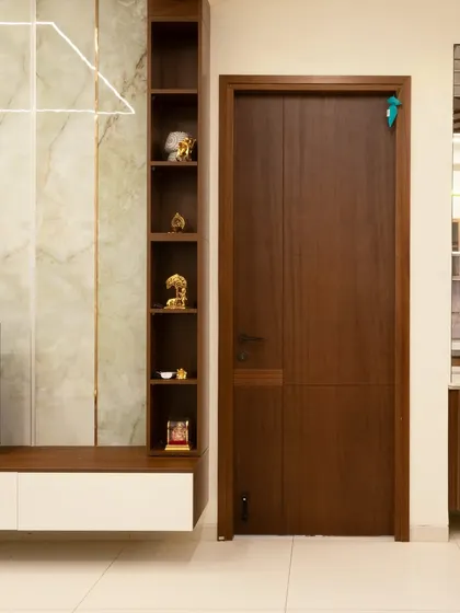 A closer look at the TV unit, showing the vertical open-shelf storage on the side, perfect for displaying small decor items.
