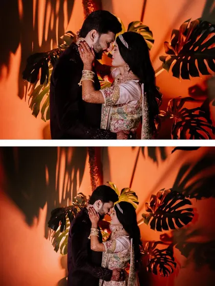 A collage of the couple's romantic, orange-lit Sangeet portraits.