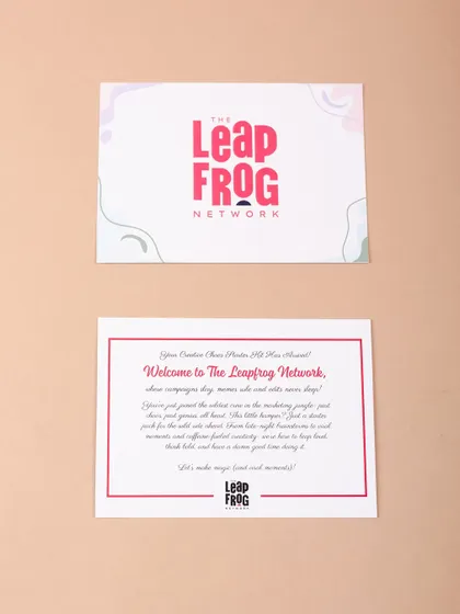 The front and back of the personalized welcome card for The Leapfrog Network. A heartfelt note is a simple but powerful way to welcome someone to the team.
