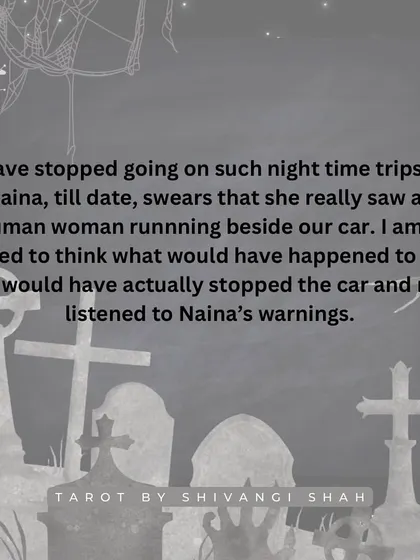 A road trip story where a girl sees a woman with white eyes running alongside their car at 100 km/h.