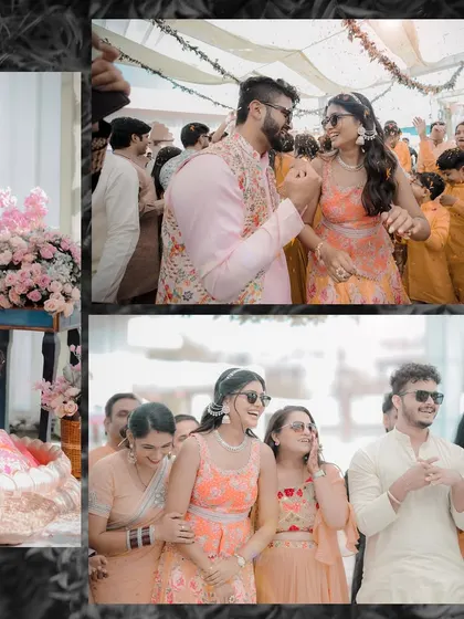This collage captures the candid moments of a Haldi celebration. It shows the couple dancing with friends and family, highlighting the joy and togetherness of the event.