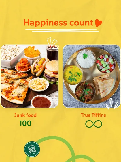 Happiness count: Junk food - 100. True Tiffins - Infinity. Because nothing beats the joy of ghar jaisa khana.