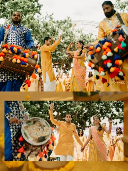 A collage showcasing the energy of a Haldi ceremony, with the couple dancing with dhol players.