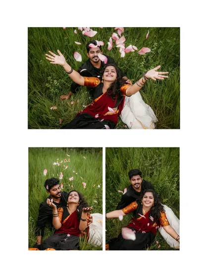 A fun and playful collage of a couple in a field, with flower petals raining down on them.