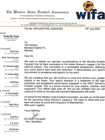 The official letter from WIFA nominating Mumbai Knights FC for the Indian Women's League-2. A proud moment for our club.