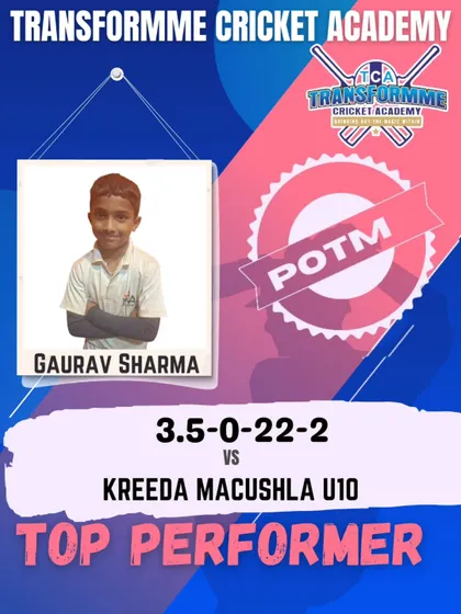 Top Performer Gaurav Sharma, who was awarded Player of the Match for his brilliant spell of 2 wickets in a U-10 match.