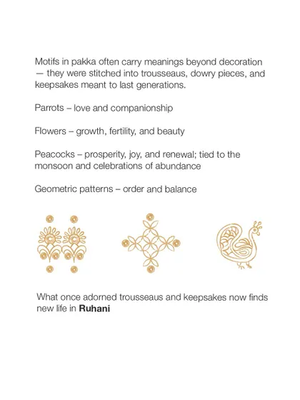 The motifs in Pakka embroidery often carry deep meaning, representing love, prosperity, and balance. What once adorned trousseaus and keepsakes now finds new life in our Ruhani collection.