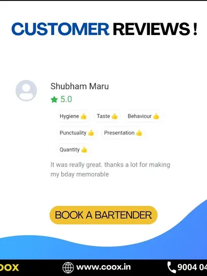 A 5-star review for one of my bartenders, praising his hygiene, taste, and behavior. This client said we made his birthday memorable, which is my ultimate goal.