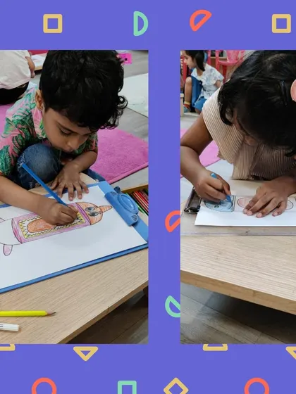 Children concentrating on coloring their puppet templates. This activity helps develop fine motor skills, color recognition, and the ability to follow visual instructions.