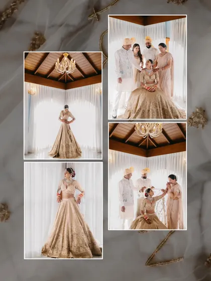 A collage of a bride's getting ready moments, showing her posing solo and with her family, all dressed in elegant, coordinated outfits.