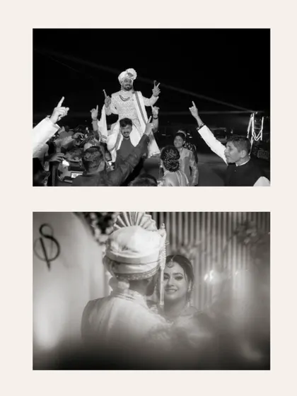 A black and white collage capturing the energy of the groom's baraat and a quiet, intimate moment with his bride. This contrast beautifully tells the story of a wedding day's different emotions.