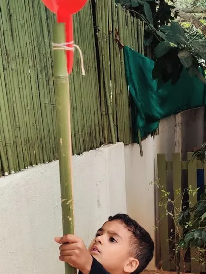A child fashions a tool from a bamboo stick and a shovel to try and reach a Bulls Heart fruit high up in a tree. This is problem-solving in action.