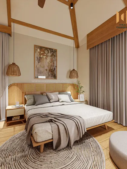 A close-up of the bed with its rattan headboard and woven pendant lights, highlighting the natural textures.