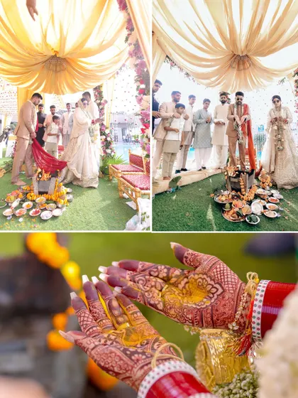 A collage of ritual shots, showing the couple participating in the havan and a close-up of the bride's hands in prayer.
