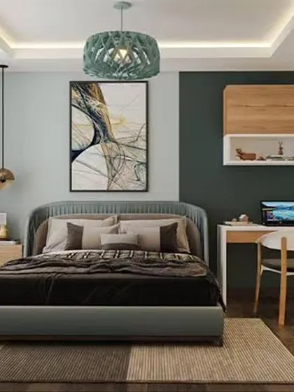 A modern bedroom with a minimalist desk and open shelving, creating a clean and focused study space.
