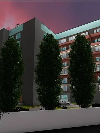 A perspective of the hotel's exterior, highlighting the facade treatment with private balconies for guest rooms and extensive landscaping at the ground level.