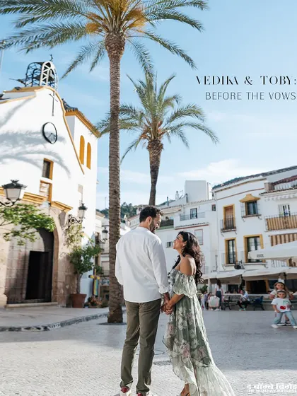 Before the vows in Marbella, Spain. We styled this couple for a romantic walk through the old town, choosing a breezy floral dress for her and a simple white shirt and trousers for him to complement the idyllic, sun-drenched setting.