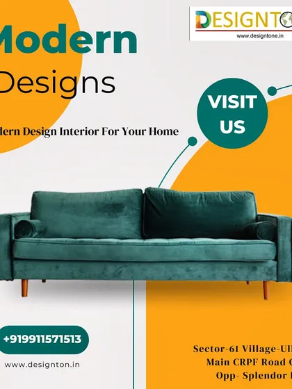 A simple, bold graphic featuring a modern sofa, encouraging clients to contact us to start designing their perfect space.