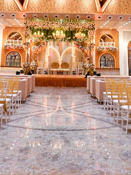 A full view of the seating arrangement inside our banquet hall, showcasing its capacity and elegant setup, ready to host hundreds of your loved ones.