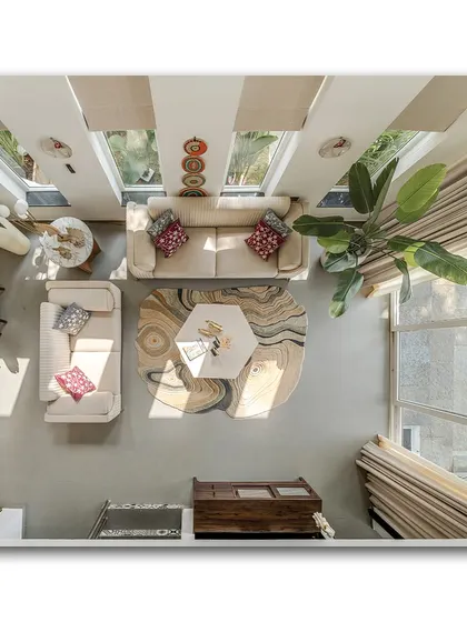 An overhead shot of the living room, revealing the thoughtful layout and the beautiful patterns of the rug. This perspective highlights the interplay of shapes, from the hexagonal coffee table to the arrangement of the sofas.