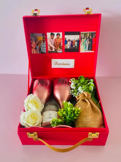 Another view of the "Bride to be" hamper, showing the personalized name tag and photos. It’s a wonderful keepsake for the bride.