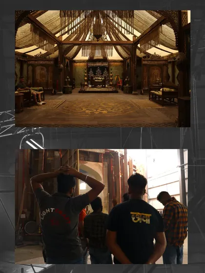 A before-and-after look at a set from the film 'Chhaava'. The top image shows the final, beautifully lit period interior, while the bottom shows the crew observing the setup.