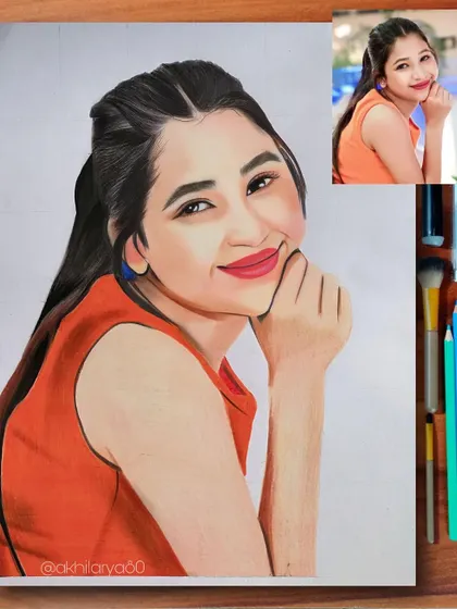 A bright and cheerful A4 colored pencil portrait. Her happy expression and the vibrant orange top make this a very lively drawing.