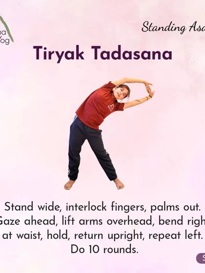 Learn Tiryak Tadasana (Swaying Palm Tree Pose). Stand wide, interlock fingers, and bend side to side to stretch the waist.