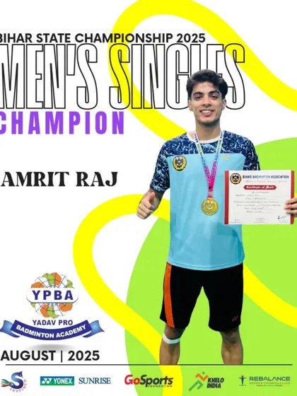 Amrit Raj crowned Men's Singles Champion at the Bihar State Championship 2025, securing a double crown.