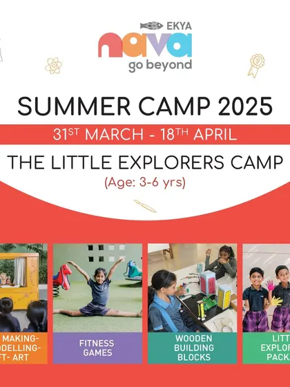 An overview of The Little Explorers Camp for ages 3-6. This poster showcases the variety of creative and physical activities offered, including puppet making, fitness games, and building with wooden blocks.
